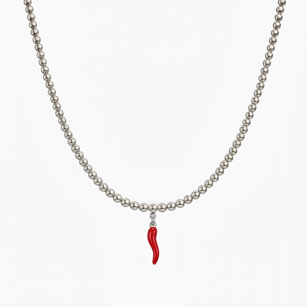 Charm-perle-crvena-papricica-srebrna Classic Charm crvena papričica stainless steel mini ogrlica - Slika 1